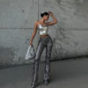 Women's High Waist Stretch Hot Silver Plaid Shiny Casual Bootleg Pants - Image 3