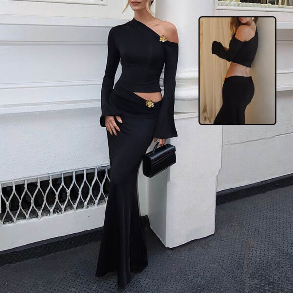 Sexy Slim Oblique Shoulder Skirt Suit With Flower Fashion Bell Sleeve Long Sleeve Top And High Waist Long Skirt - Women Dress