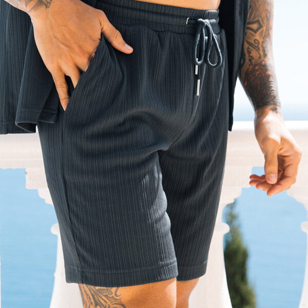Fashion Mens Clothing Men's Solid Color Casual Lapel Short Sleeve Shirt Shorts Suit - Image 4