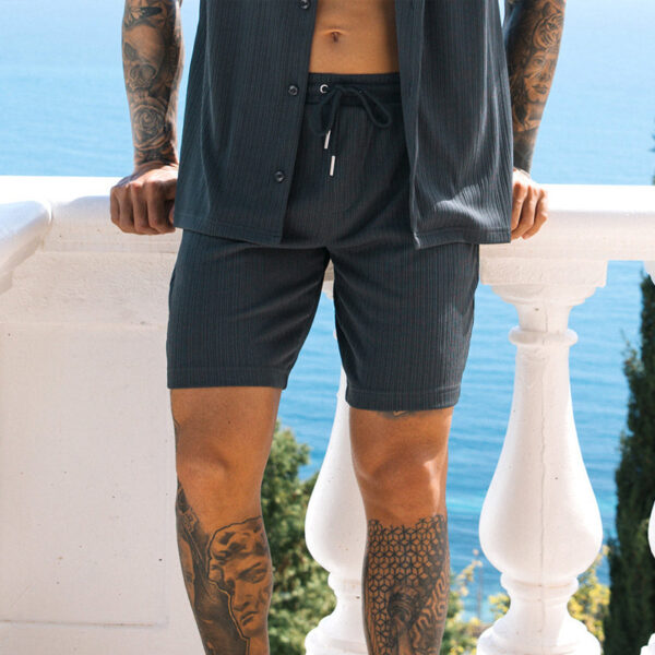 Fashion Mens Clothing Men's Solid Color Casual Lapel Short Sleeve Shirt Shorts Suit - Image 5