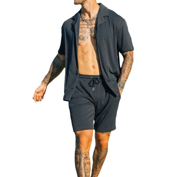 Fashion Mens Clothing Men's Solid Color Casual Lapel Short Sleeve Shirt Shorts Suit - Image 2