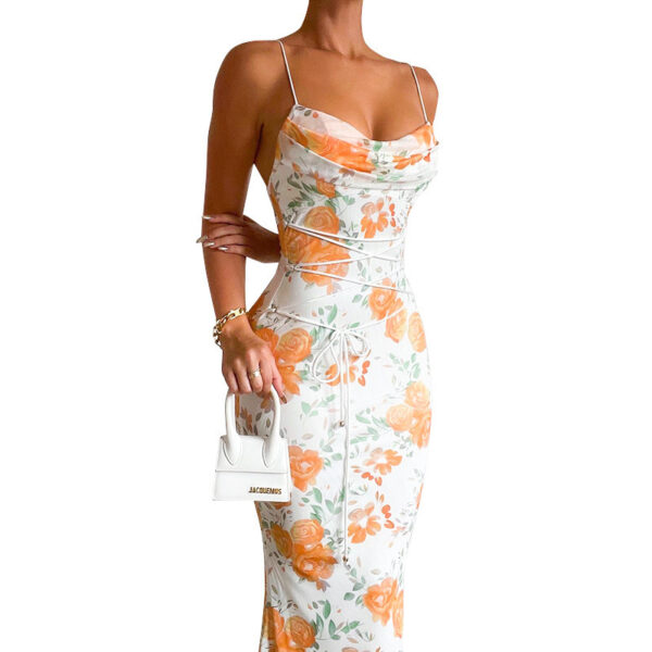 Waist Trimming Spaghetti Straps Printed Lace Up Dress - Image 2