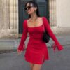Square Collar Slimming High Waist Bell Sleeve Dress - Image 5