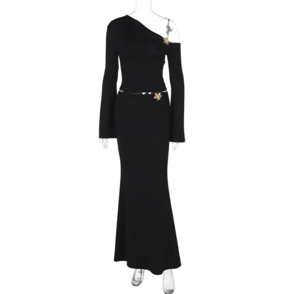 Sexy Slim Oblique Shoulder Skirt Suit With Flower Fashion Bell Sleeve Long Sleeve Top And High Waist Long Skirt - Women Dress - Image 7