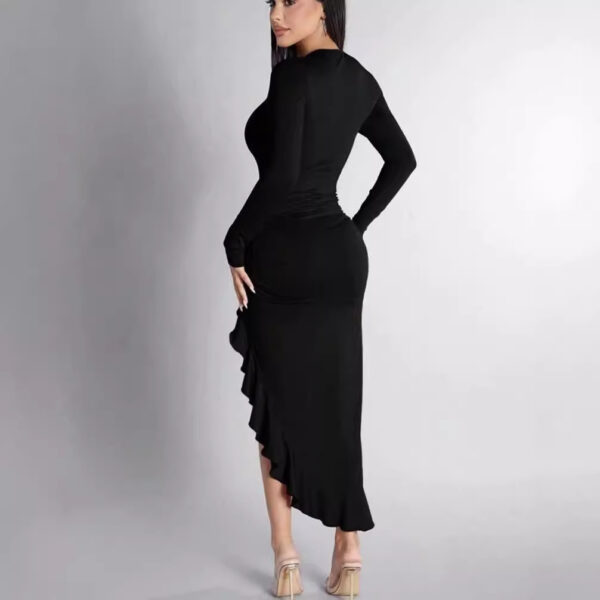 Round Neck Long Sleeve Slim Solid Color Frill Split Ruffled Dress - Image 2