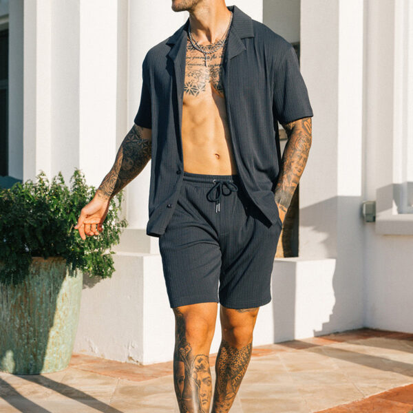 Fashion Mens Clothing Men's Solid Color Casual Lapel Short Sleeve Shirt Shorts Suit - Image 3