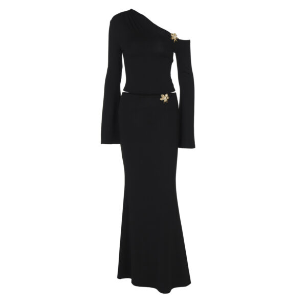Sexy Slim Oblique Shoulder Skirt Suit With Flower Fashion Bell Sleeve Long Sleeve Top And High Waist Long Skirt - Women Dress - Image 3