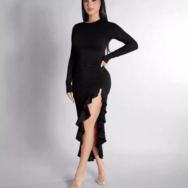 Round Neck Long Sleeve Slim Solid Color Frill Split Ruffled Dress - Image 6