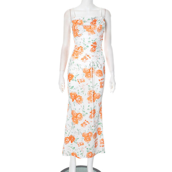 Waist Trimming Spaghetti Straps Printed Lace Up Dress - Image 4